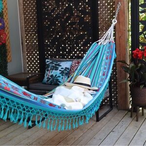 Handmade Ecuadorian Boho Style Peacock Blue Hammock with Fringe